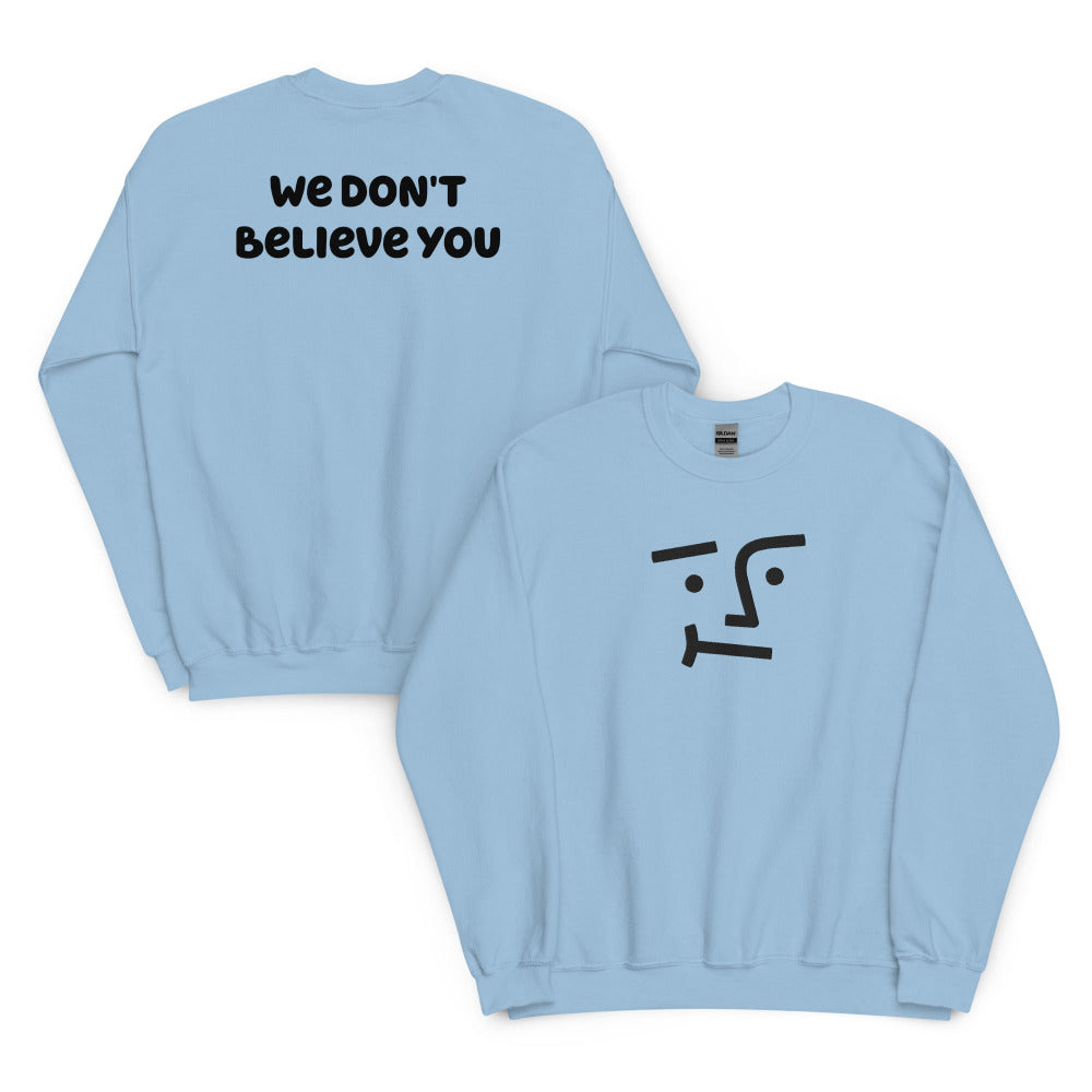 We Don't Believe You Embroidered Sweatshirt - Light Blue Color - https://ascensionemporium.net